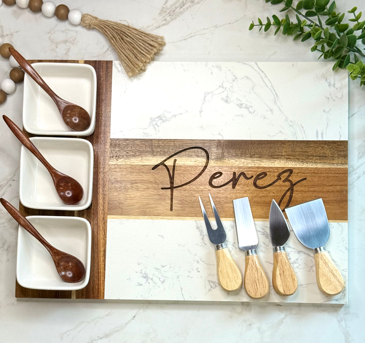Marble and Wood Charcuterie with bowls & utensils